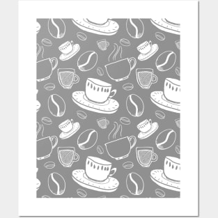 Coffee pattern Charcoal grey and white Posters and Art